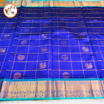 Royal Blue with Sky Blue Traditional Kattam & Mayil chakram design Pure Silk Cotton Saree