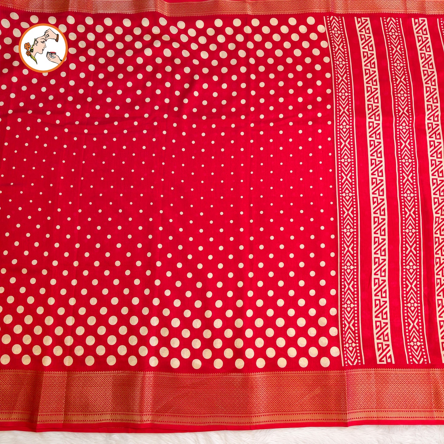 Red Retro theme Polka dots Dola Silk Casual saree