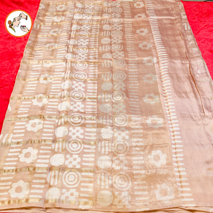 Rosy Beige checks Saree with Flower butta Soft Cotton Casual Saree
