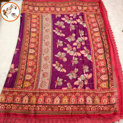 Purple Floral Designer Georgette Saree wth lace border
