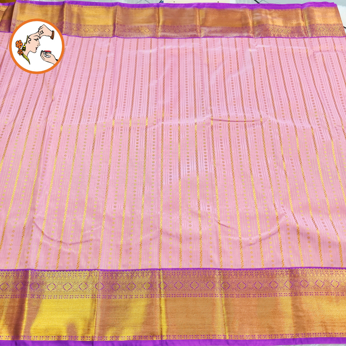 Lavender with Purple Gold zari woven border with vertical stripes Kanchipuram mix Silk Saree