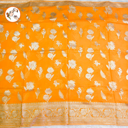 Orange Pure Organza Designer Saree with contrast Maroon blouse