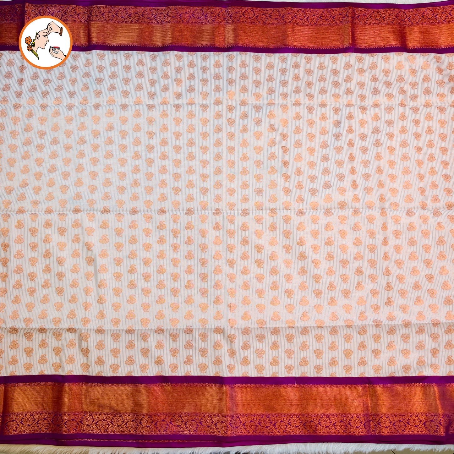 White with Purple vertical lines Copper zari Kanchipuram Soft Silk Saree