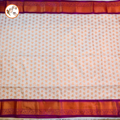 White with Purple vertical lines Copper zari Kanchipuram Soft Silk Saree