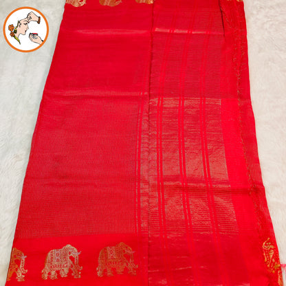 Red Podikattam elephant border soft viscose Fancy Silk Saree