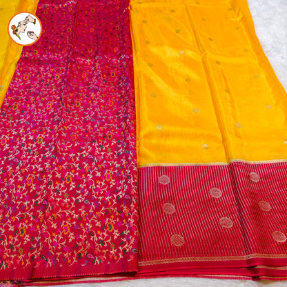 Yellow Viscose Fancy Silk Saree with Red vertical stripes border