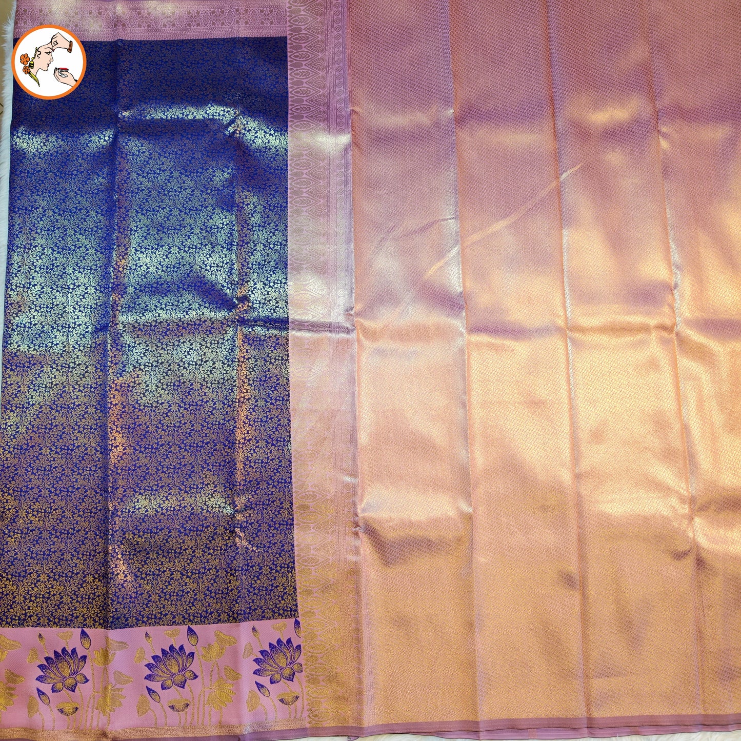 Blue with Pink Lotus border Fancy Semi Silk Saree