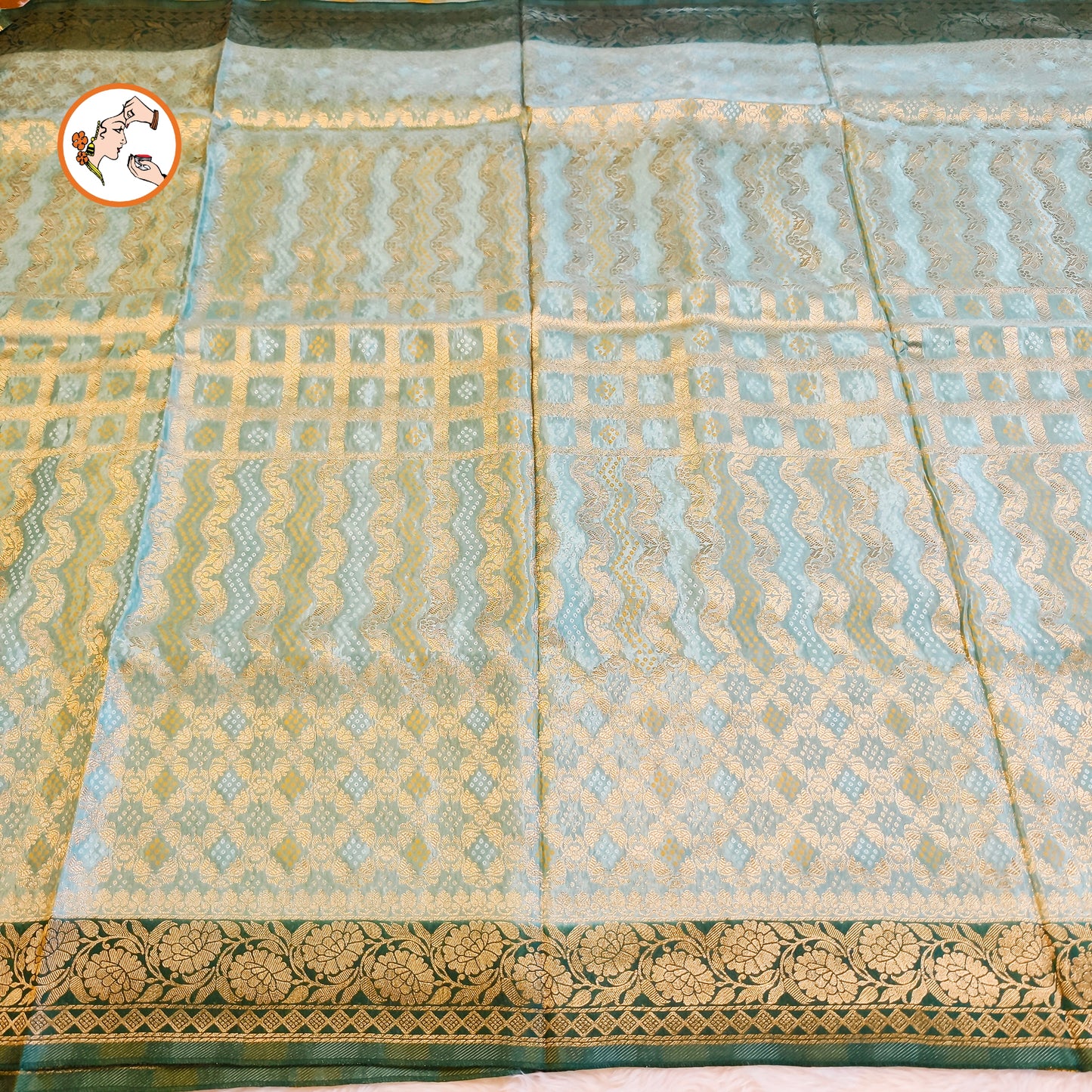Sage Green with Dark Green border Rich Gold zari work Georgette Silk Fancy Saree