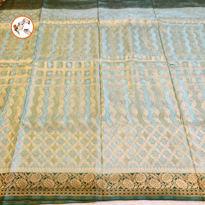 Sage Green with Dark Green border Rich Gold zari work Georgette Silk Fancy Saree