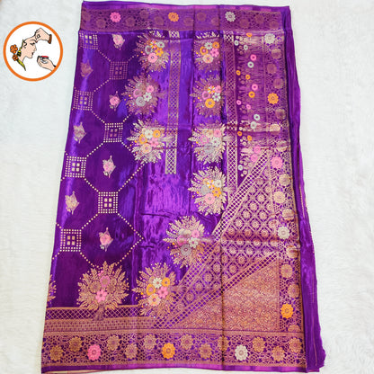 Purple colour Antique Rich Gold zari work Pure Banarasi Russian Satin Silk Fancy Saree