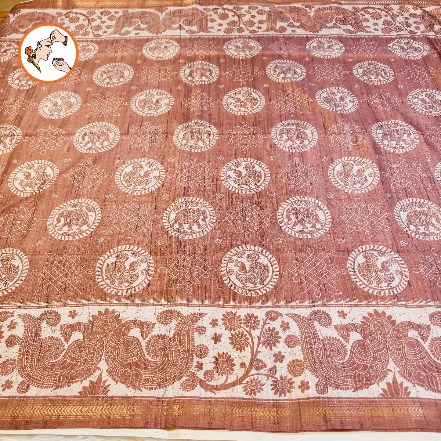 Brown Kalamkari Tussar Silk Saree with Kolam & Elephant Peacock butta