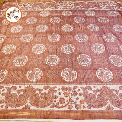 Brown Kalamkari Tussar Silk Saree with Kolam & Elephant Peacock butta