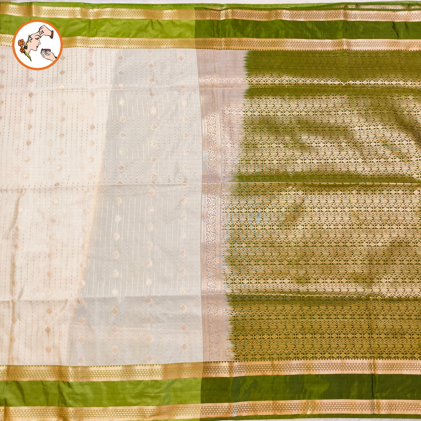 Off white Rain drop design with Parrot Green Retta Petta border Semi Soft Silk Saree