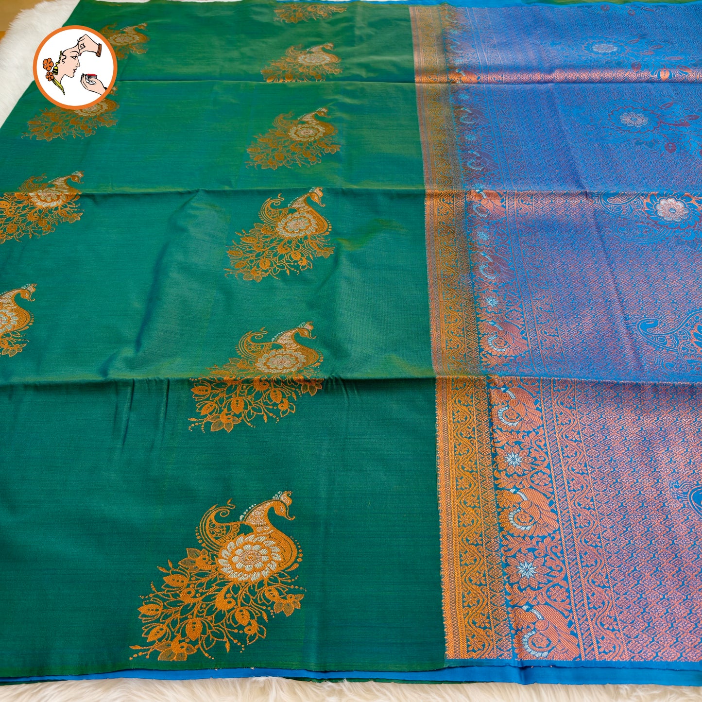 Peacocok Green with Blue borderless Soft Silk Saree with Peacock butta