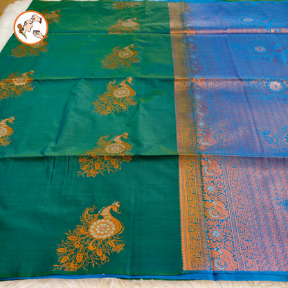 Peacocok Green with Blue borderless Soft Silk Saree with Peacock butta