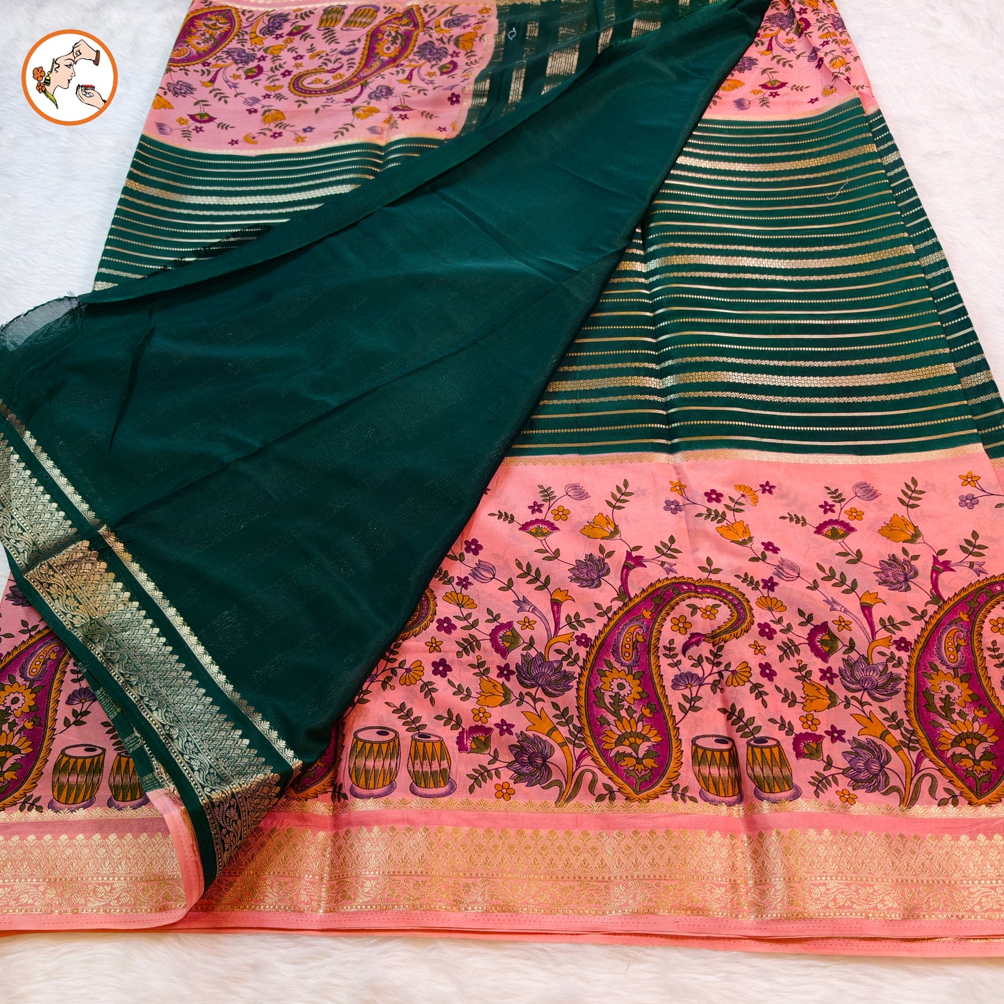 Dark Green & baby Pink with designer semi Mysore Silk Saree
