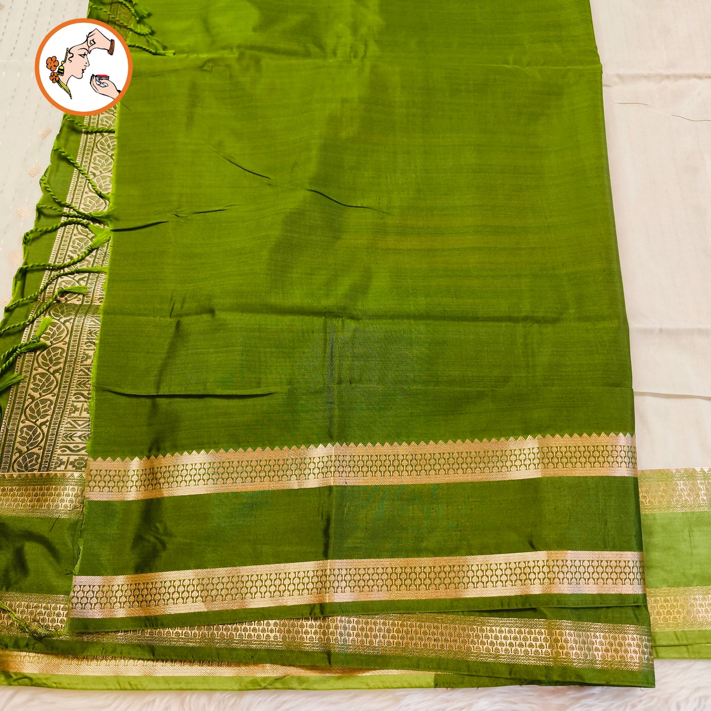 Off white Rain drop design with Parrot Green Retta Petta border Semi Soft Silk Saree