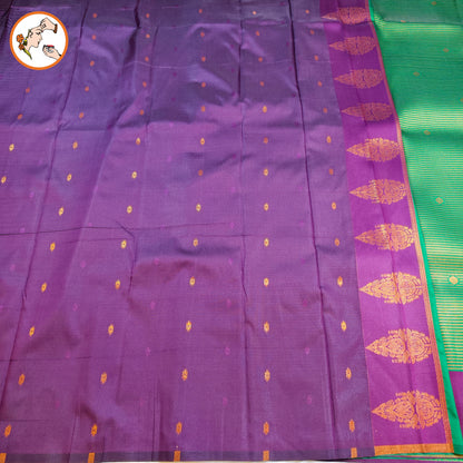 Green & Purple Semi Silk Saree with horizontal stripes & fancy border