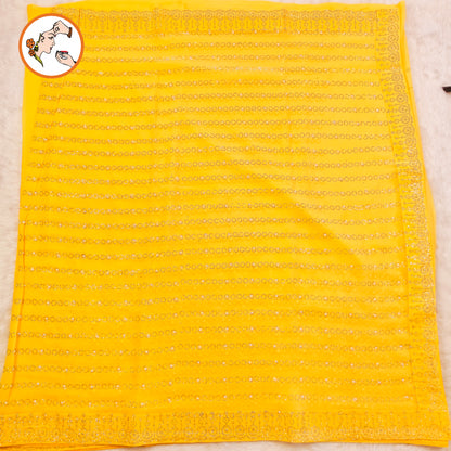 Yellow stonework Partywear Chiffon Saree