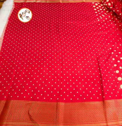 Red Retro theme Polka dots Dola Silk Casual saree