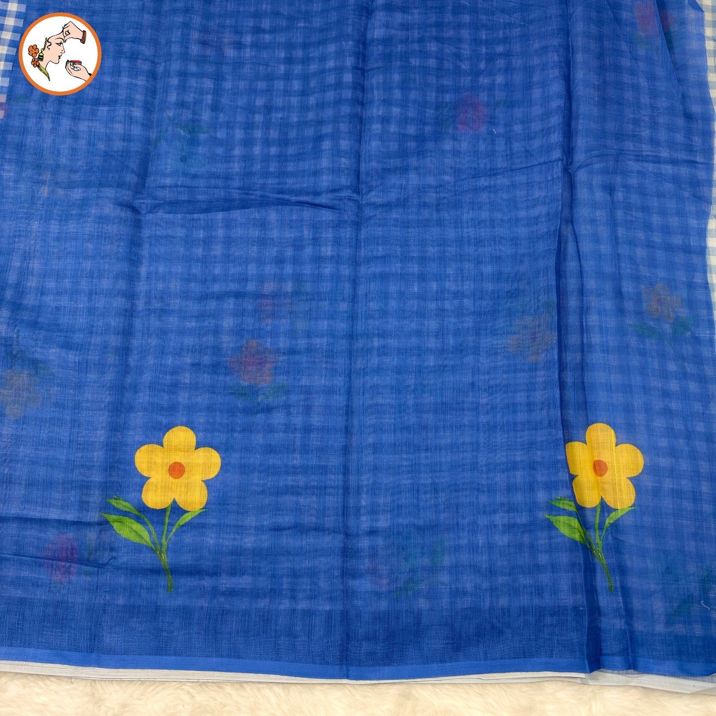 Blue checks pattern Linen Cotton Casual Saree