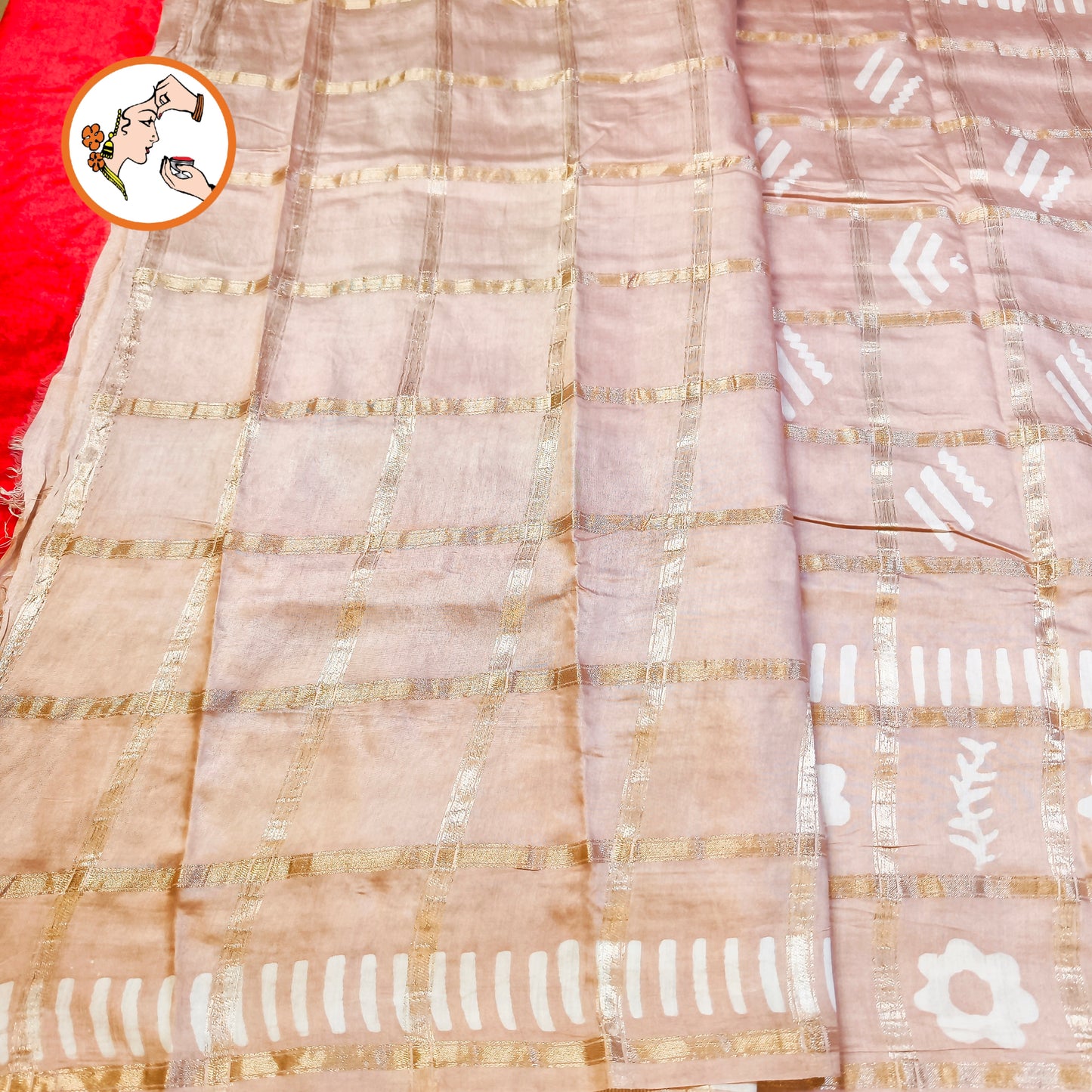Rosy Beige checks Saree with Flower butta Soft Cotton Casual Saree