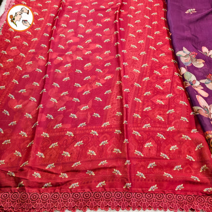 Purple Floral Designer Georgette Saree wth lace border