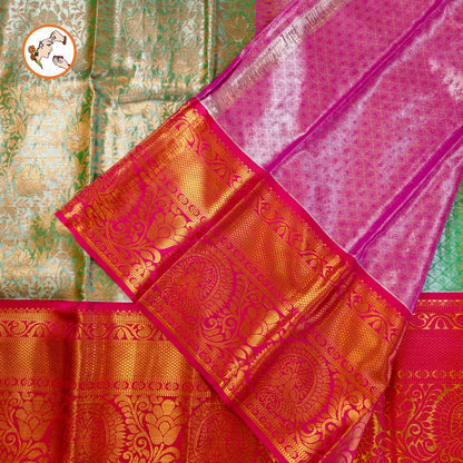Pista/Sea Green with Pink border Kanchipuram Tissue Silk Saree with Intricate Floral & Vine patters