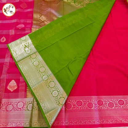 Ranipink Traditional checks Kanchipuram Semi Silk with Parrot Green blouse
