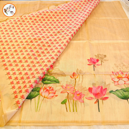 Cream Lotus Floral theme Tussar Saree Vivahasilks