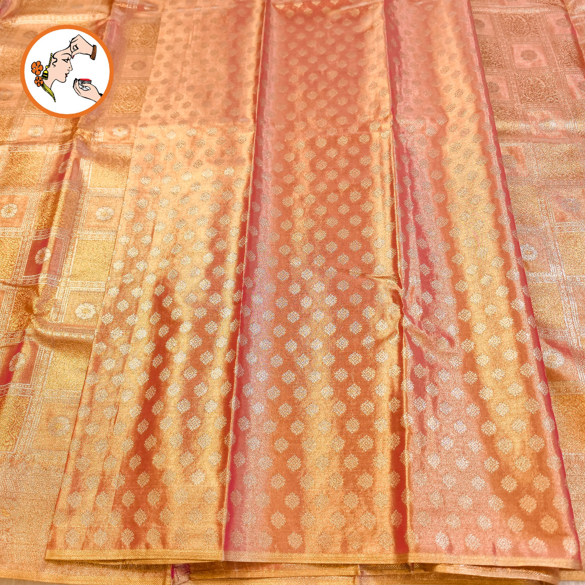 Rose Gold checkered pattern Kanchipuram Bridal High Tissue Silk Saree