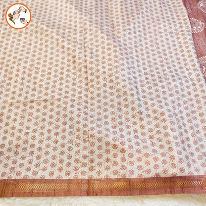 Brown Kalamkari Tussar Silk Saree with Kolam & Elephant Peacock butta