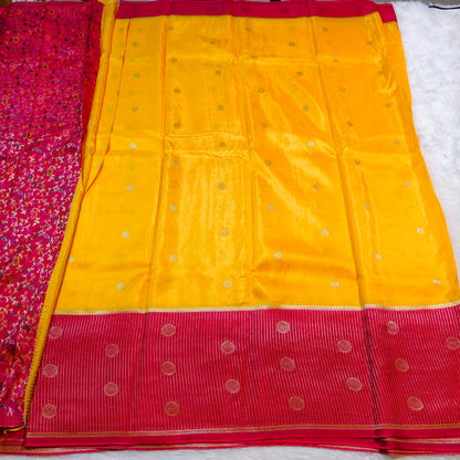 Yellow Viscose Fancy Silk Saree with Red vertical stripes border