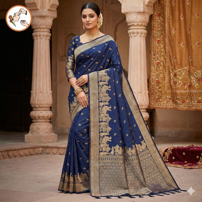 Dark Blue Pallakku Banarasi Soft Silk Saree