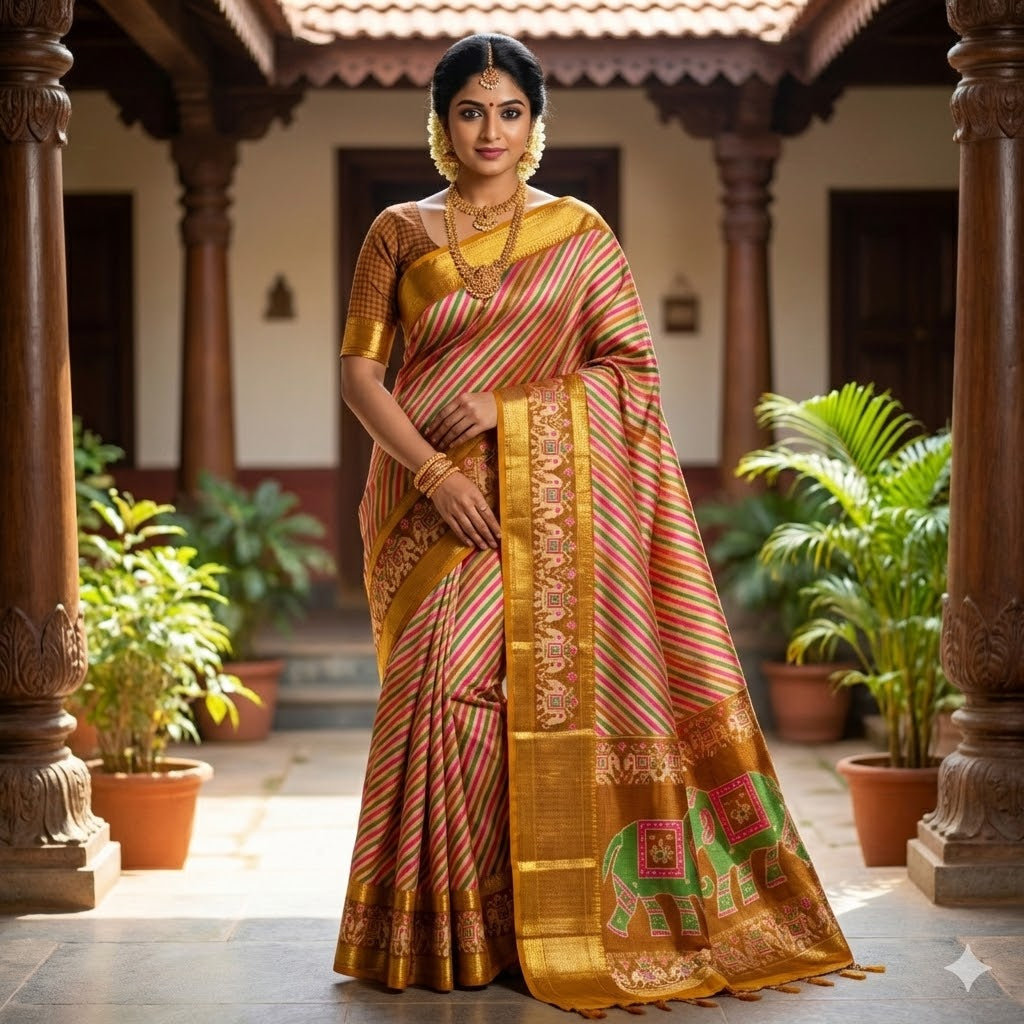 Mustard Yellow strpes Pochampally Silk Cotton Casual Saree