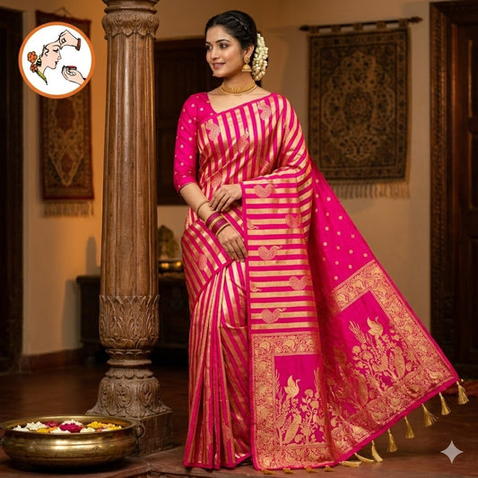 Pink borderless Golden stripes Peacock motif Fancy Silk Saree