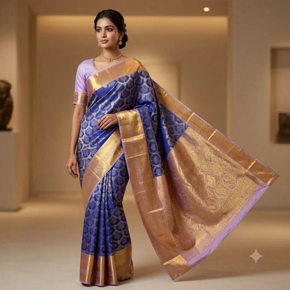 Blue with Lavender border intricate Golden zari weavings Kanchipuram Mix Silk Saree