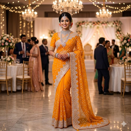 Golden Yellow Full Silver Stonework Cutwork border Bridal Partywear Organza Saree