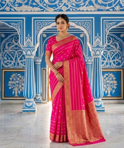 Rani Pink/Fushsia Pink Blue Traditional Vairoosi Soft Viscose Fancy Silk Saree with Gold zari stripes
