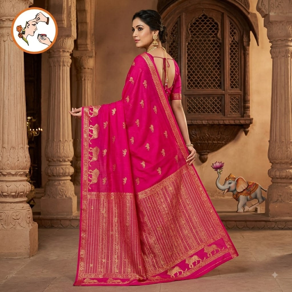 Rani Pink Lion butta Light weight Soft Fancy Georgette Silk Saree