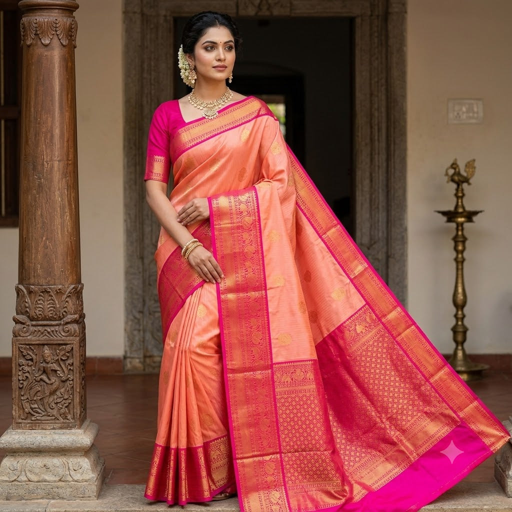 Peachy Pink with Dark Pink border vertical stripes Kanchipuram Semi Silk Saree