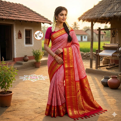 Red Classic Podi Kattam(checkered pattern) Pure handloom Silk Cotton Saree