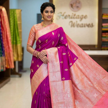 Purple with Baby Pink border Mayil chakram butta Kanchipuram Mix Silk Saree