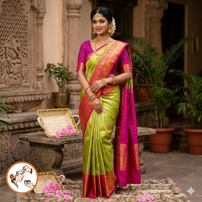Parrot Green with Pink border Kanchipuram Tissue Saree with horizontal Stripes