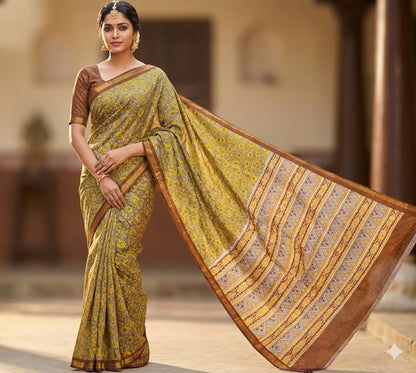 Grey with Brown Floral Bhagal puri Cotton Casual Saree