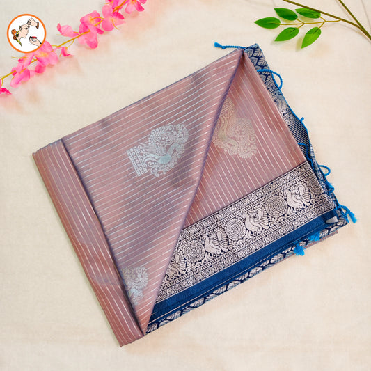 Pinkish Grey with Blue border Soft Silk Saree with Vertical stripes & Peacock motifs