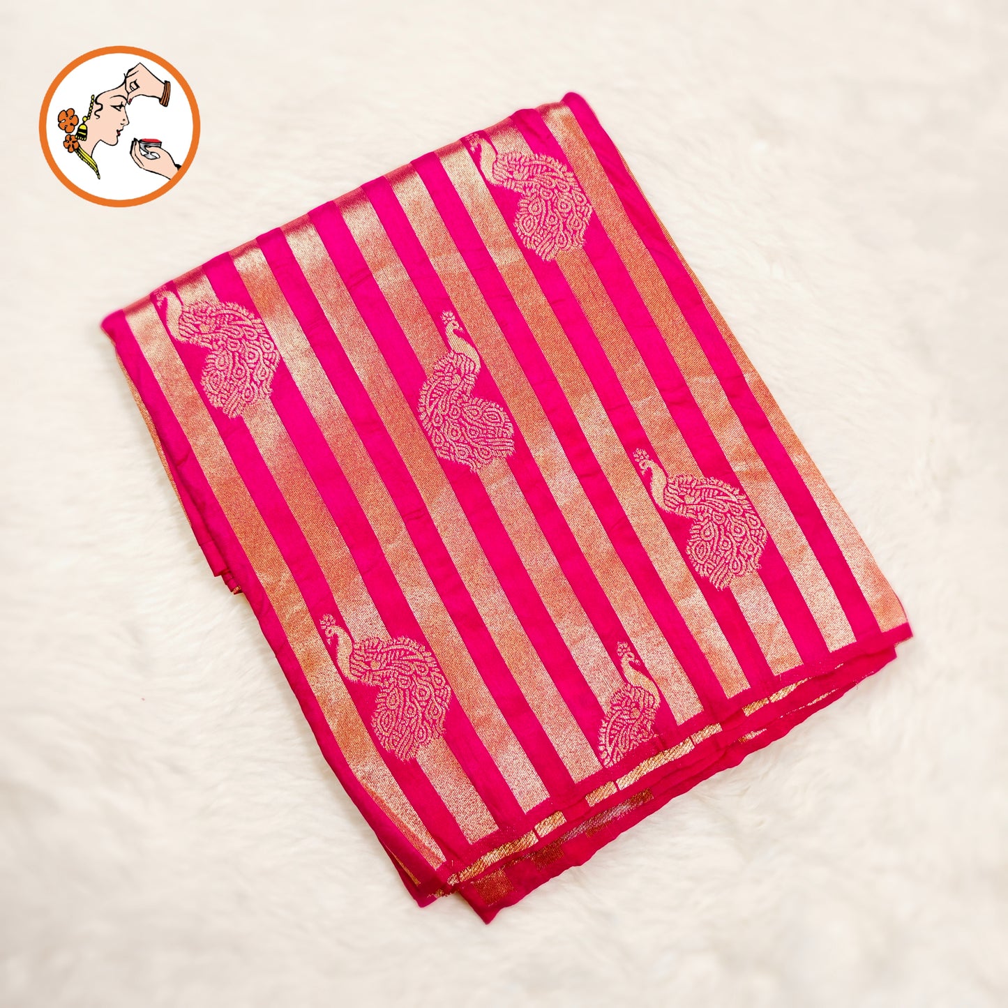 Pink borderless Golden stripes Peacock motif Fancy Silk Saree