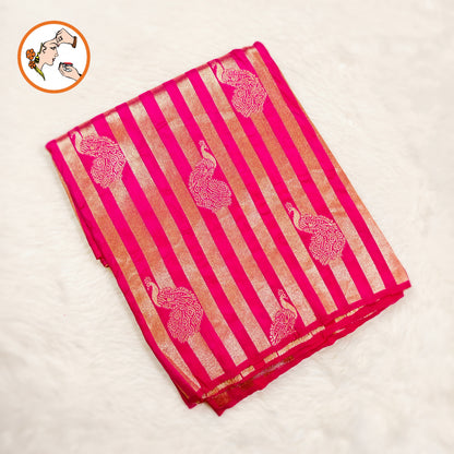 Pink borderless Golden stripes Peacock motif Fancy Silk Saree