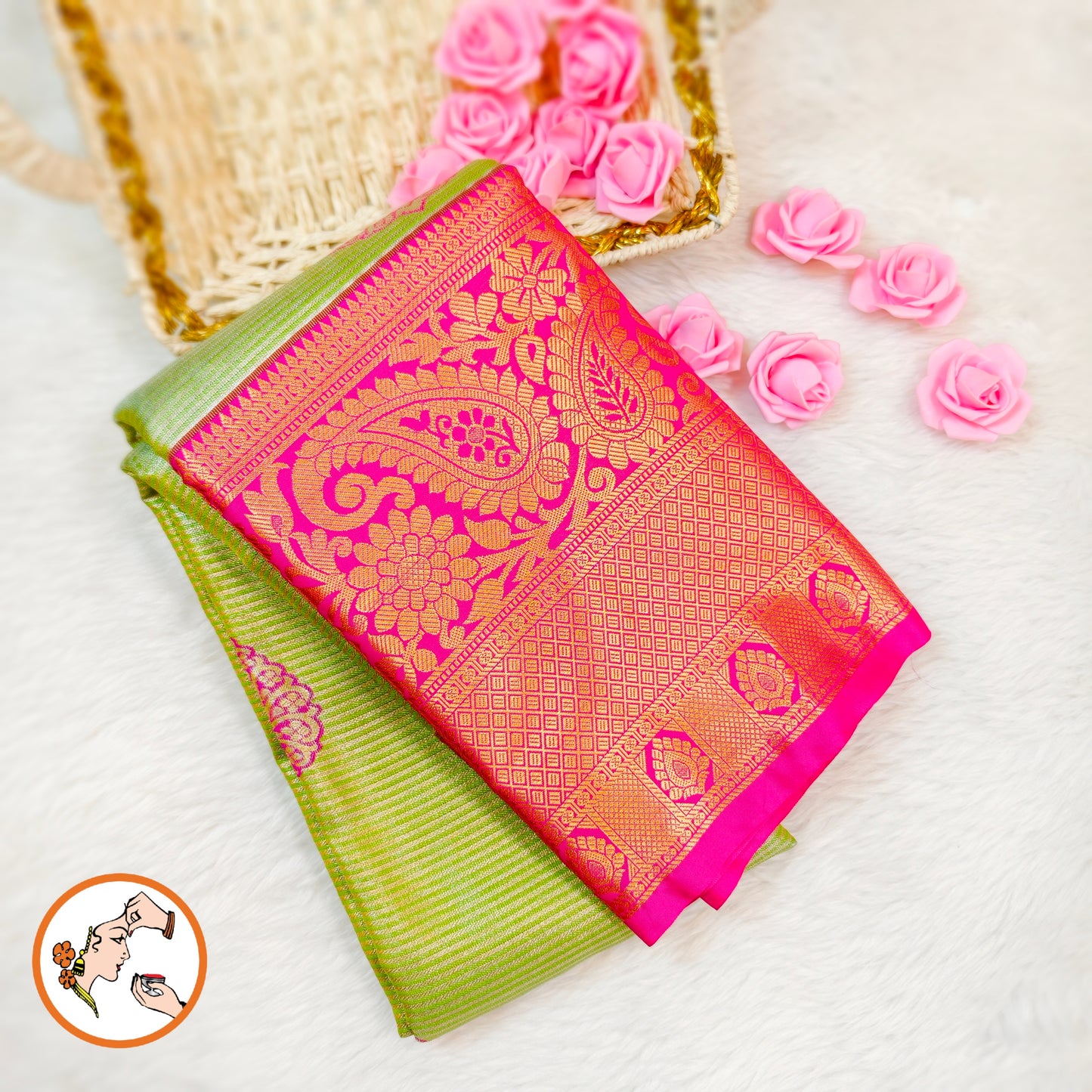 Parrot Green with Pink border Kanchipuram Tissue Saree with horizontal Stripes