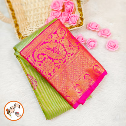 Parrot Green with Pink border Kanchipuram Tissue Saree with horizontal Stripes